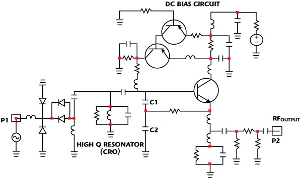 Schematic of a high Q resonator-based 1 GHz Colpitts VCO.14